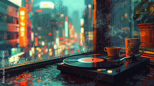Close-up of a vintage Japanese vinyl record player at night, lofi ambiance with a neon-lit cityscape photo