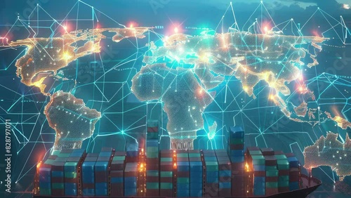 A large ship is floating in the ocean with a globe in the background. The globe is surrounded by a network of lines, which gives the impression of a futuristic world. Scene is one of wonder and awe