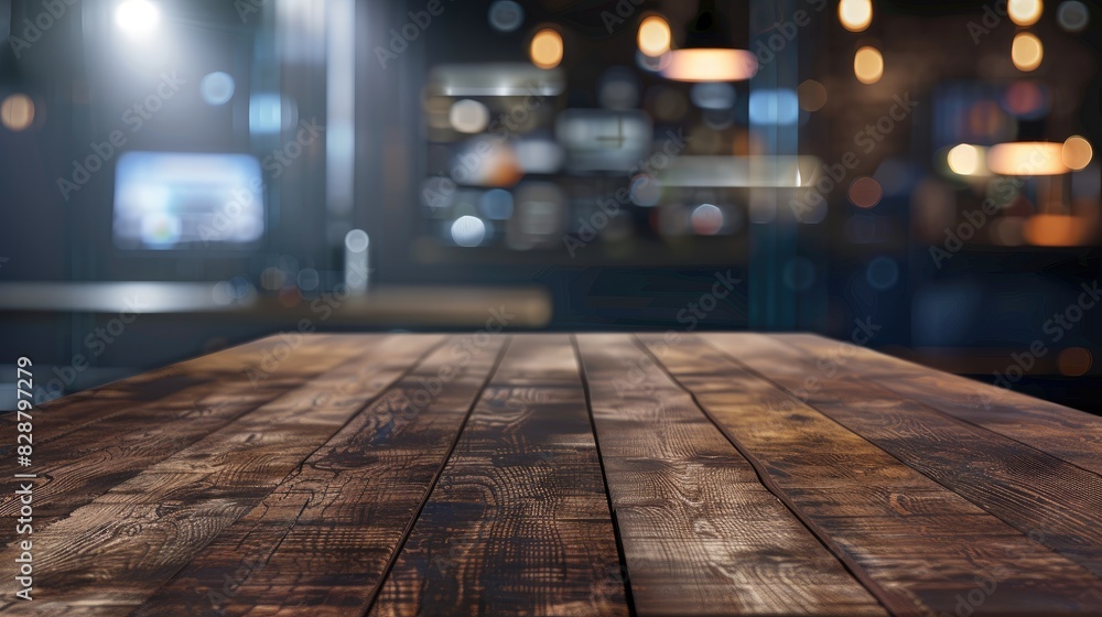 Wooden tabletop with a blurred modern cafe background featuring warm ambient lighting. Wooden tabletop with a blurred modern cafe background featuring warm ambient lighting.