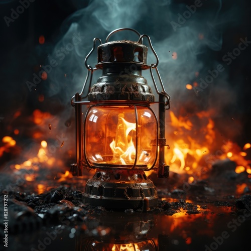 Kerosene lamp with flame. Burning flame in a kerosene lamp.