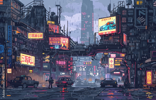 Isometric pixel art of a cyberpunk city with flying cars