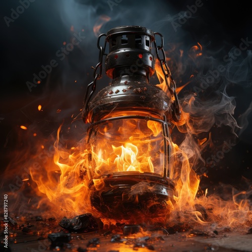 Kerosene lamp with flame. Burning flame in a kerosene lamp.