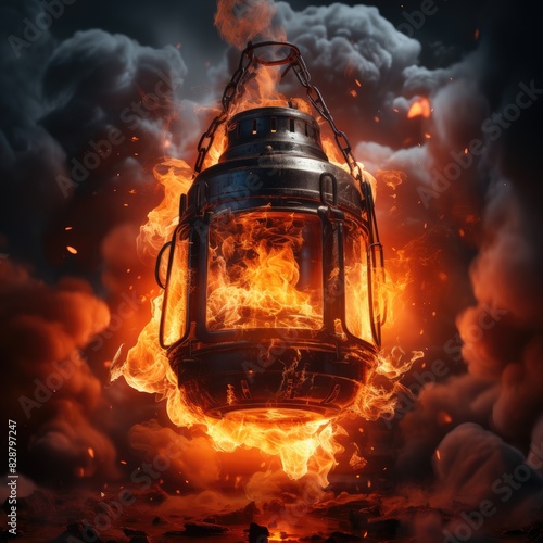 Kerosene lamp with flame. Burning flame in a kerosene lamp.