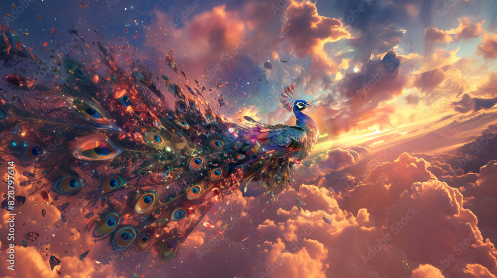 a mechanical peacock spreads its jeweled feathers in a surreal display of beauty and grandeur a mechanical peacock spreads its jeweled feathers in a surreal display of beauty and grandeur