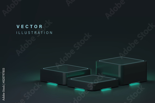 3D style Vector dark square podium with aqua or green neon light with copy space for on online shopping website or social media advertising.