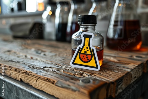 Rustic glass potion bottle on a wooden surface, invoking the charm of old world alchemy and science #828798430