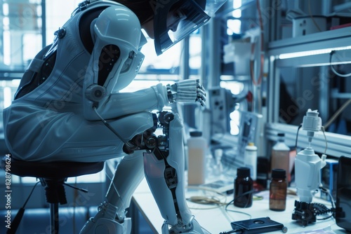 Biomechanical Engineer Testing Advanced Leg Prosthetic in a High-Tech Lab - Futuristic Medical Technology