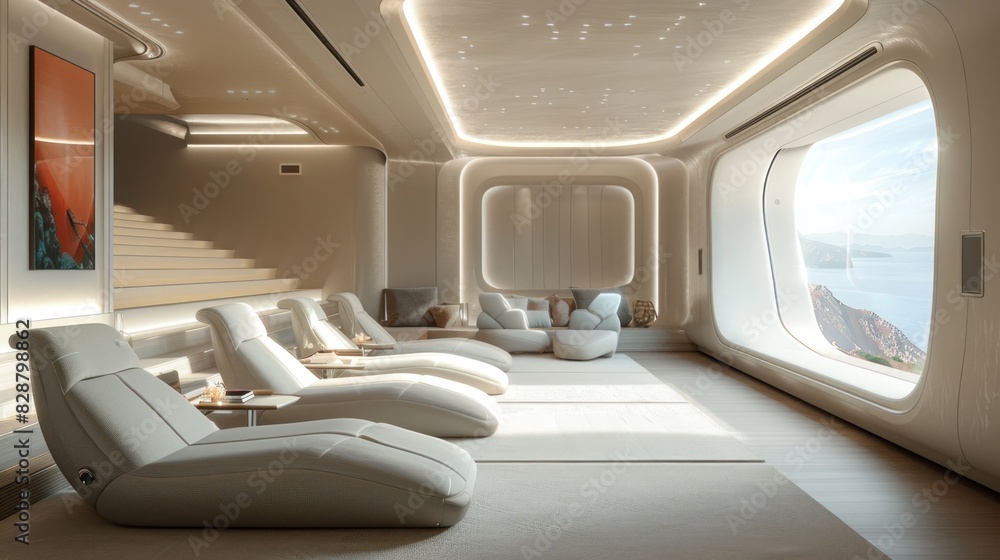 A futuristic home theater with a bright and spacious design. The room features state-of-the-art audio-visual equipment, including a large, high-definition screen and immersive surround sound. The A futuristic home theater with a bright and spacious design. The room features state-of-the-art audio-visual equipment, including a large, high-definition screen and immersive surround sound. The