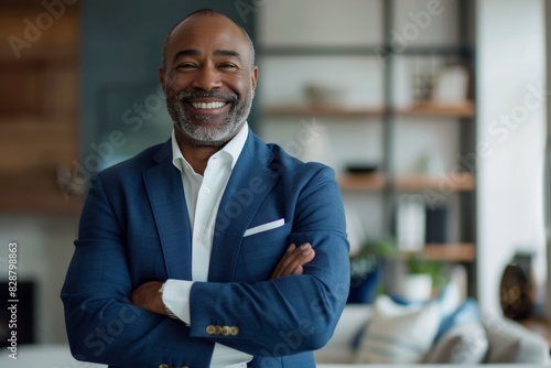 Happy black man with arms crossed or corporate inspiration profile photo. CEO introduction, smile, confident or mature management, success mindset