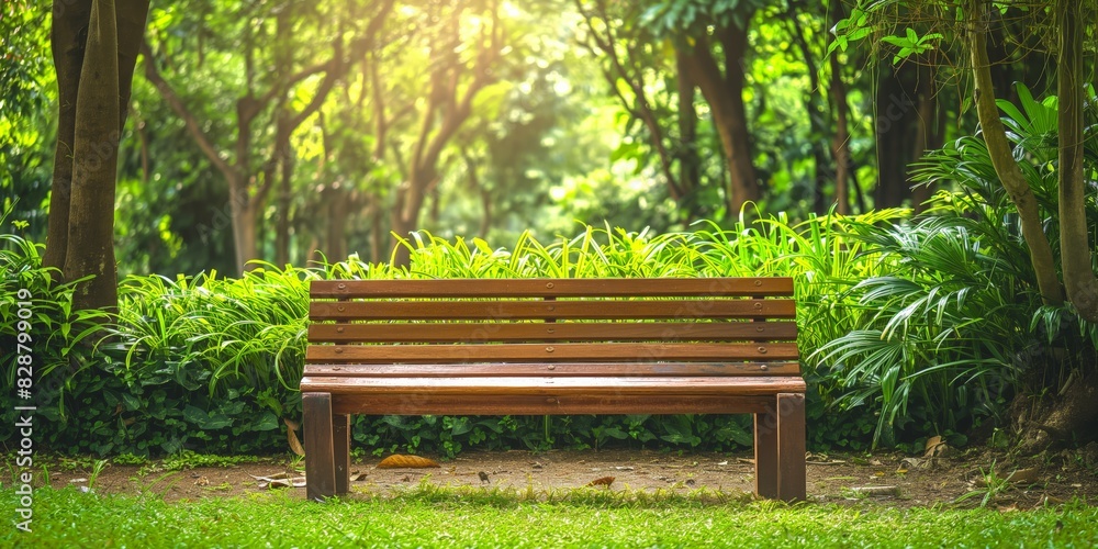 A tranquil scene with a solitary wooden bench in the middle of a lush green park with trees and sunlight A tranquil scene with a solitary wooden bench in the middle of a lush green park with trees and sunlight