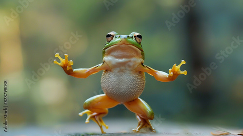 A frog balancing precariously on a single leg, its concentration evident against the blank canvas behind it. 
