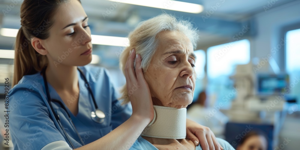 After an accident or hospitalization, doctor, senior woman, and neck brace. Medical professional, old person, and collar in rehabilitation consultation for health, wellbeing, or healing After an accident or hospitalization, doctor, senior woman, and neck brace. Medical professional, old person, and collar in rehabilitation consultation for health, wellbeing, or healing