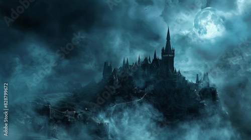 Panoramic View of a Moonlit Castle Ruin in Eerie Fog - Perfect for Nightmare Scenarios and Gothic Designs
