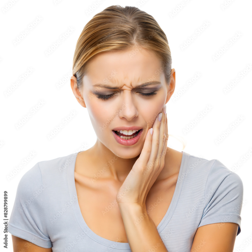 Woman with Toothache – Holding Jaw: Portrait of a woman with a pained expression, holding her jaw, isolated on a white background.
Woman with Toothache – Holding Jaw: Portrait of a woman with a pained expression, holding her jaw, isolated on a white background.
