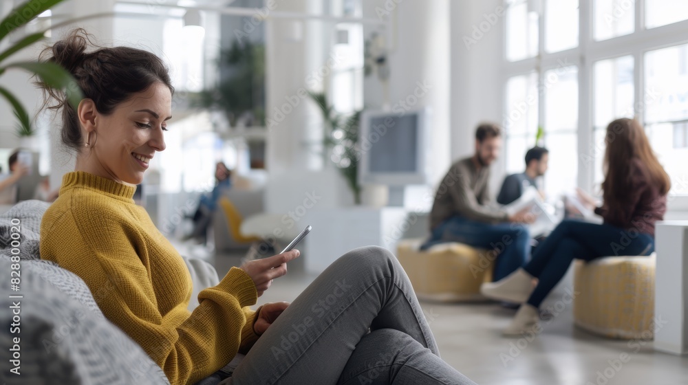 Businesswoman on phone with blank website, marketing, or advertising app copy and coworkers in backdrop. In dynamic workplace, corporate worker shows cellphone copy space.
