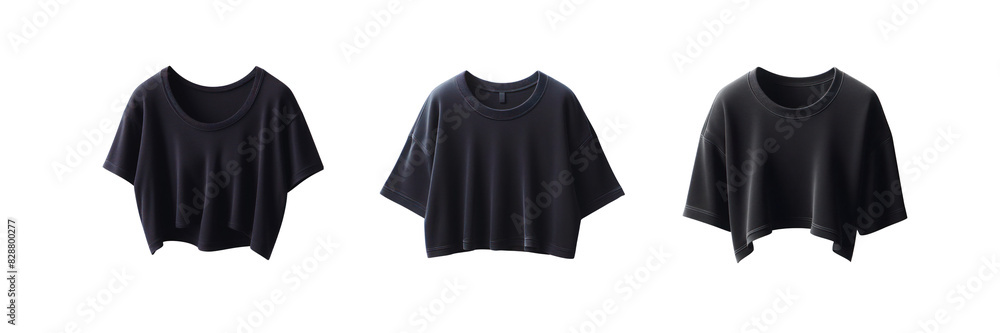 Set of three Black color loose cropped midriff tee t shirt round neck, isolated over on transparent white background Set of three Black color loose cropped midriff tee t shirt round neck, isolated over on transparent white background