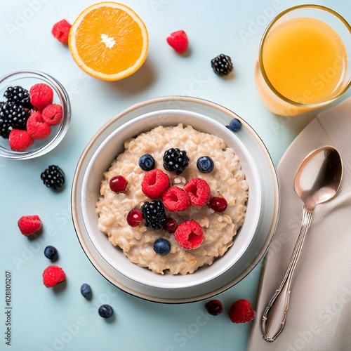 A top view of a breakfast table featuring a bowl of healthy oatmeal topped with fresh berries and served with freash orange juice photo