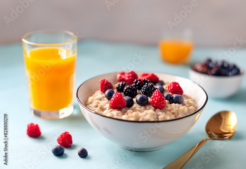 A breakfast table featuring a bowl of healthy oatmeal topped with fresh berries and served with freash orange juice photo