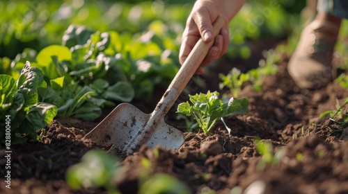 Farming, pitchfork, and hands for outside and soil vegetable growth, irrigation, and development. Farming, gardening, cleaning, and sustainable earth jobs