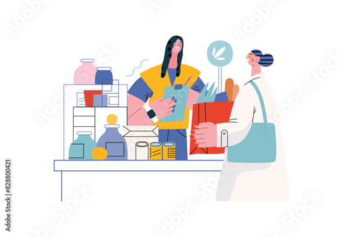 Mutual Support: Bringing groceries to food bank -modern flat vector concept illustration of people donating food to food pantry A metaphor of voluntary, collaborative exchanges of resource, services