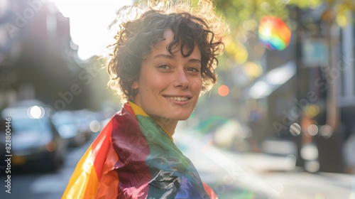 Portrait of woman with pride flag in city, cheerful non-binary lifestyle of equality and harmony. Summer pleasure, happiness, and smiles for gender neutral LGBT rainbow community members photo