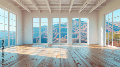 Large empty room with large floor-to-ceiling windows  view of the mountains from the window