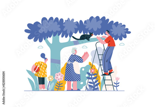 Mutual Support: Rescue cat from tree -modern flat vector concept illustration of elderly woman and man on a ladder under the tree Metaphor of voluntary, collaborative exchanges of resource, services