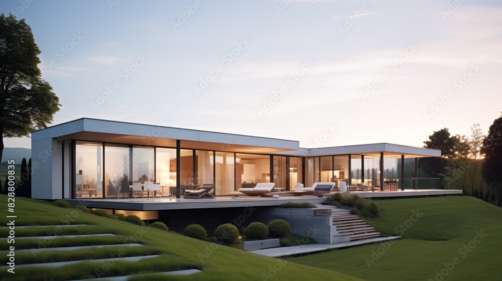 A sleek, minimalist eco-home with large glass walls, a rooftop garden, and a seamless integration with the surrounding landscape of rolling hills and meadows, architecture for green areas. A sleek, minimalist eco-home with large glass walls, a rooftop garden, and a seamless integration with the surrounding landscape of rolling hills and meadows, architecture for green areas.