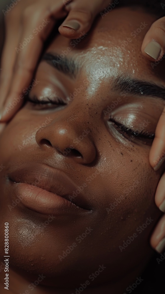 Youthful black woman massage, face, and luxury spa treatment before facial. Wellness and skincare clinic with calm and peaceful clients after dermatological or cosmetic chemical peel