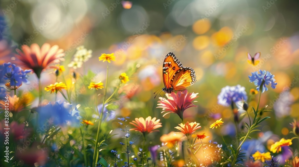 Blooming Meadow: colorful wildflowers, butterflies, and bees busily pollinating. Highlight the richness and diversity of life in a natural setting. Blooming Meadow: colorful wildflowers, butterflies, and bees busily pollinating. Highlight the richness and diversity of life in a natural setting.