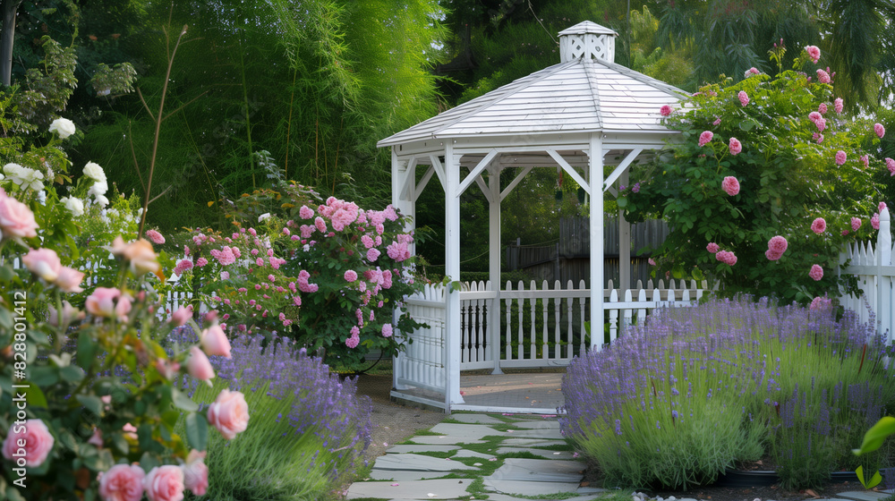 Obraz premium White Wooden Gazebo in Garden with Roses and Lavender 
