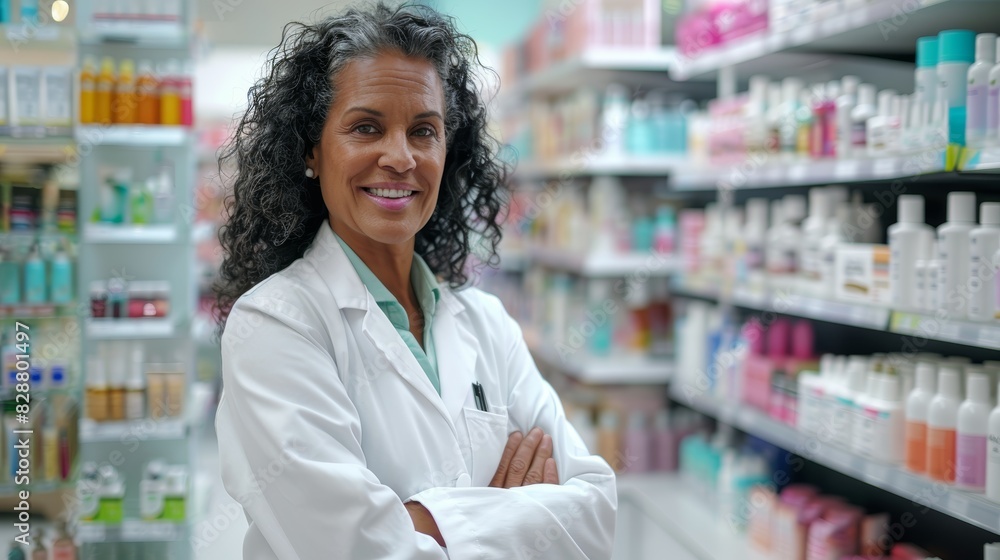 Pharmacy senior woman pharmacist image at medication store with healthcare tablets. Arms crossed, pharmaceutical and cheerful with confident female doctor