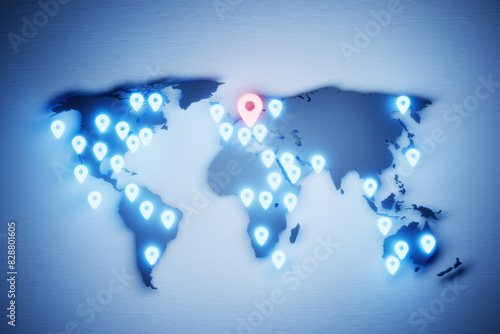 Highlighted red location pin on world map with blue pins