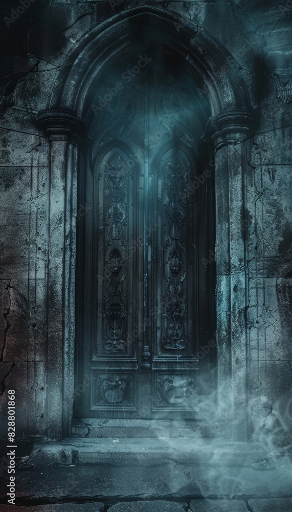 Ancient Crypt Door Partially Open with Cold Mist, Perfect for Halloween Horror Themes and Spooky Designs Ancient Crypt Door Partially Open with Cold Mist, Perfect for Halloween Horror Themes and Spooky Designs