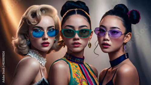 Portrait of three young women with sunglasses, each embodying their distinct beauty and cultural heritage.