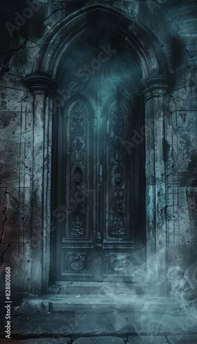 Ancient Crypt Door Partially Open with Cold Mist  Perfect for Halloween Horror Themes and Spooky Designs