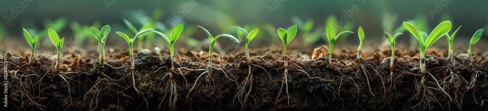 Fototapeta premium A panoramic view of Oats sprouts growing in the soil, with roots visible and green leaves showing signs of life. The background is blurred to emphasize the foreground.