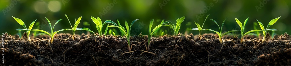 A panoramic view of Oats sprouts growing in the soil, with roots visible and green leaves showing signs of life. The background is blurred to emphasize the foreground. A panoramic view of Oats sprouts growing in the soil, with roots visible and green leaves showing signs of life. The background is blurred to emphasize the foreground.