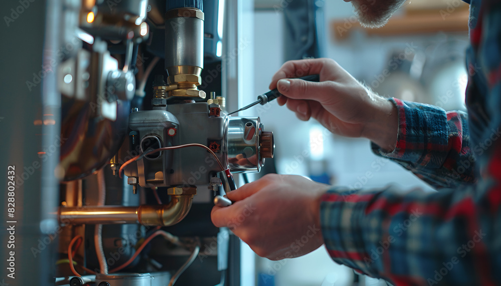Man repairing gas boiler with screwdriver indoors, closeup Man repairing gas boiler with screwdriver indoors, closeup