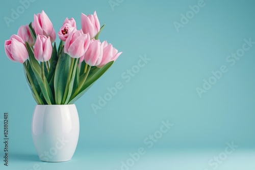 Pink tulips in white vase on light blue background. Holiday copy space.