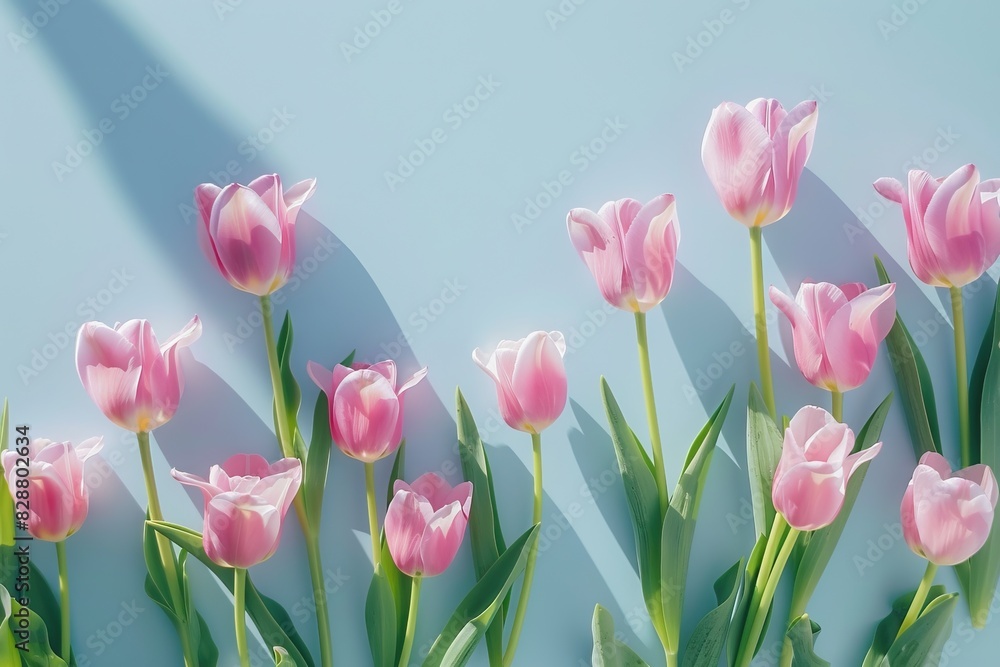 Pink tulips on light blue background for special occasions.
