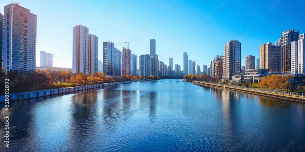 Fototapeta premium Bright sunlight reflects off a river running through a modern urban cityscape with buildings