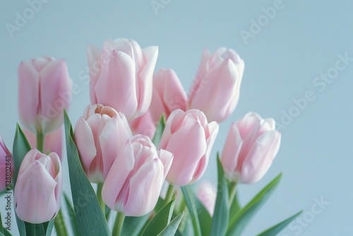 Soft light pink tulip bouquet on plain background.