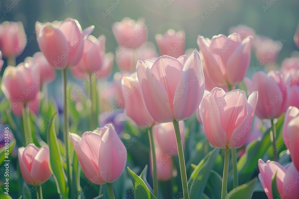 Beautiful light pink tulips in a garden bed. Beautiful light pink tulips in a garden bed.