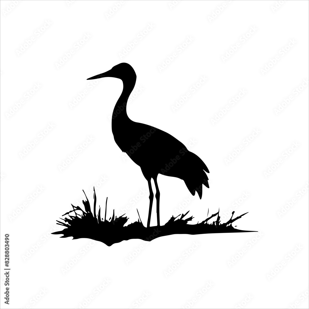 Obraz premium Sandhill crane with grass silhouette isolated on white background. Crane bird icon vector illustration design.