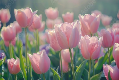 Beautiful light pink tulips in a garden bed.