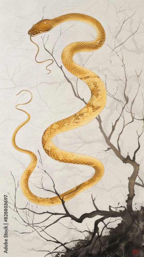 Obraz premium Ethereal Lunar Serpent - Elegant Chinese Ink Painting-Inspired 4K Wallpaper for the Year of the Snake.
