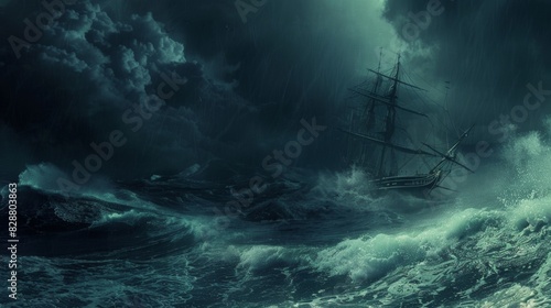 Stormy Sea with Massive Waves and Ghost Ship Emerging from Mist - Nightmarish Ocean Scene