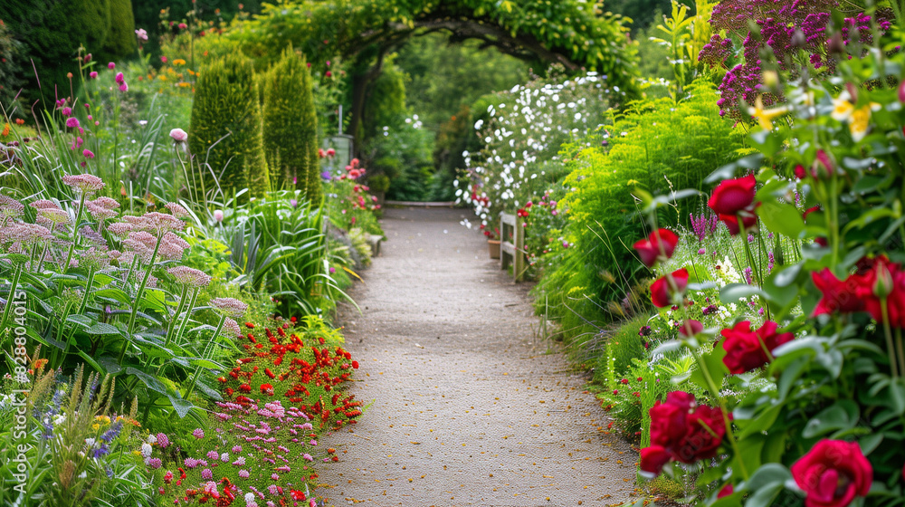 Path in garden. Landscape design with flowers and bushes and trees Path in garden. Landscape design with flowers and bushes and trees