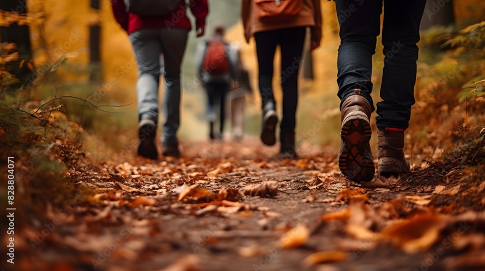 Close up of people walking in autumn forest, blurred background. Generative AI. Close up of people walking in autumn forest, blurred background. Generative AI.